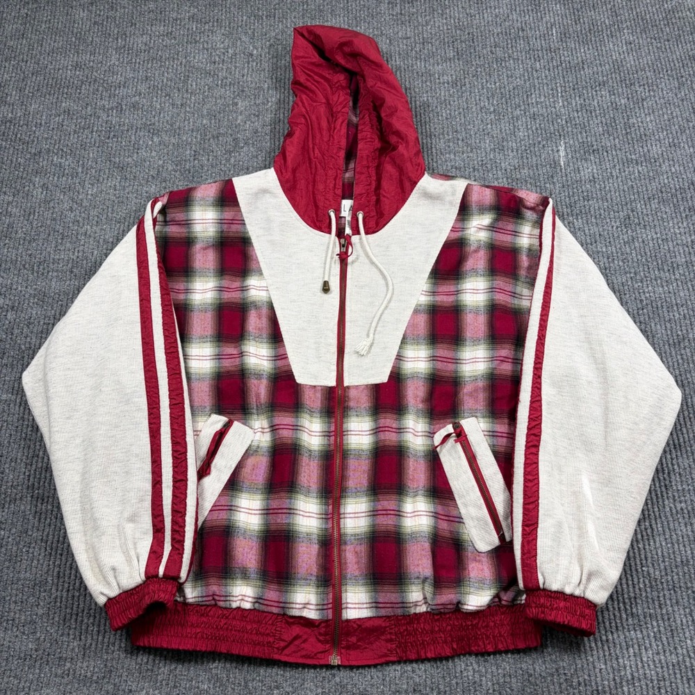 Lavon Jacket Mens L Vintage Plaid Colorblock Full Zip Hooded Jacket Red White